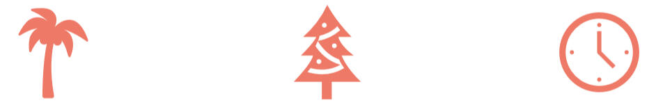 silhouette images of a palm tree, holiday tree, and a clock